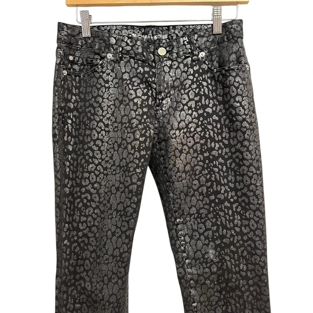 Michael Kors Jeans Womens 2‎ Black Skinny Metallic Leopard Animal Print Stretch